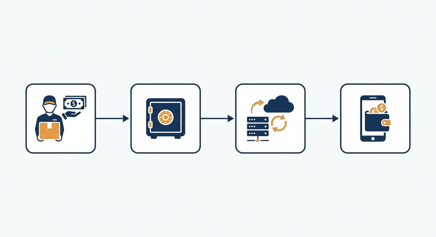 Flowchart diagram showing the automated step-by-step COD reconciliation workflow from delivery to merchant wallet update in Shiprex.