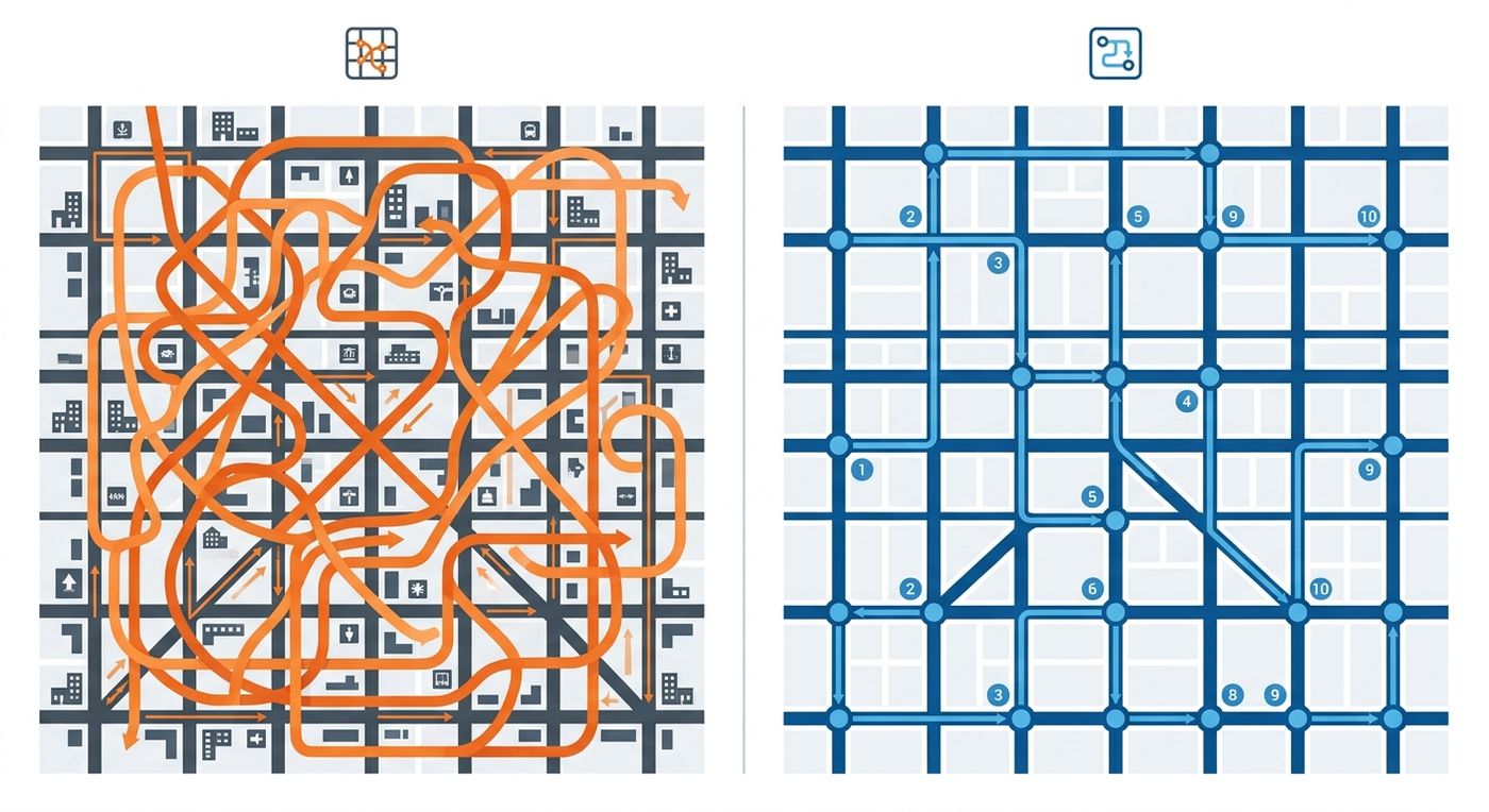 Diagram comparing chaotic manual routing with clean, optimized delivery paths in Shiprex.