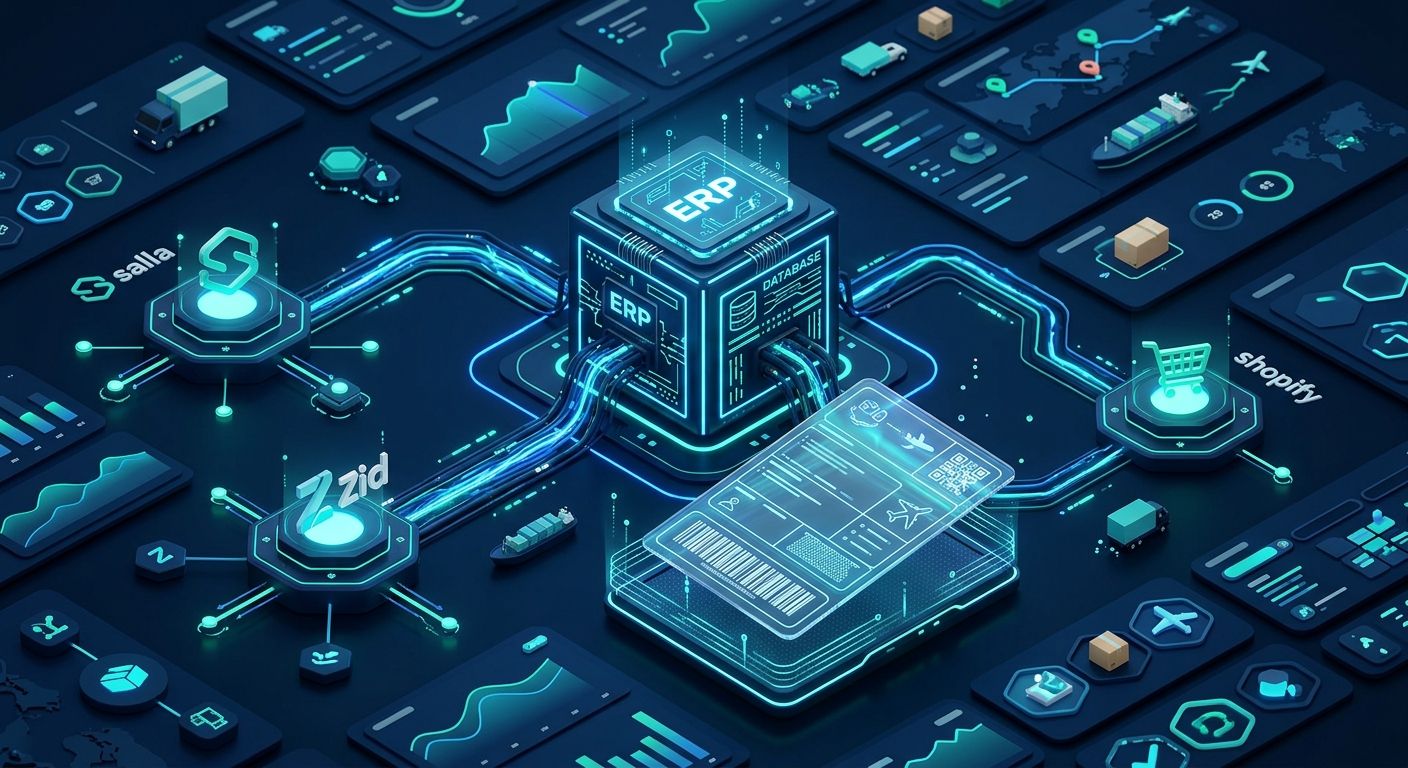 Professional visualization of a logistics ERP integrated with e-commerce platforms like Salla, Zid, and Shopify for automated shipping.
