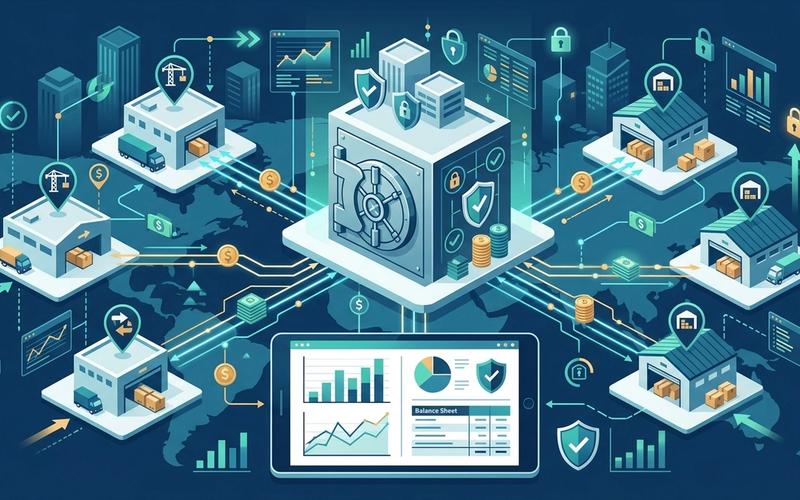 رسم توضيحي مالي يوضح عملية تسوية الحسابات ومطابقة الكاش بين فروع ومستودعات شركات الشحن اللوجستية بشكل آمن.
