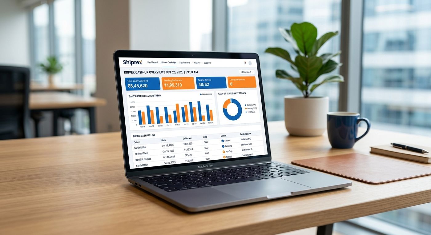 A laptop displaying the Shiprex driver settlement and COD reconciliation dashboard UI.
