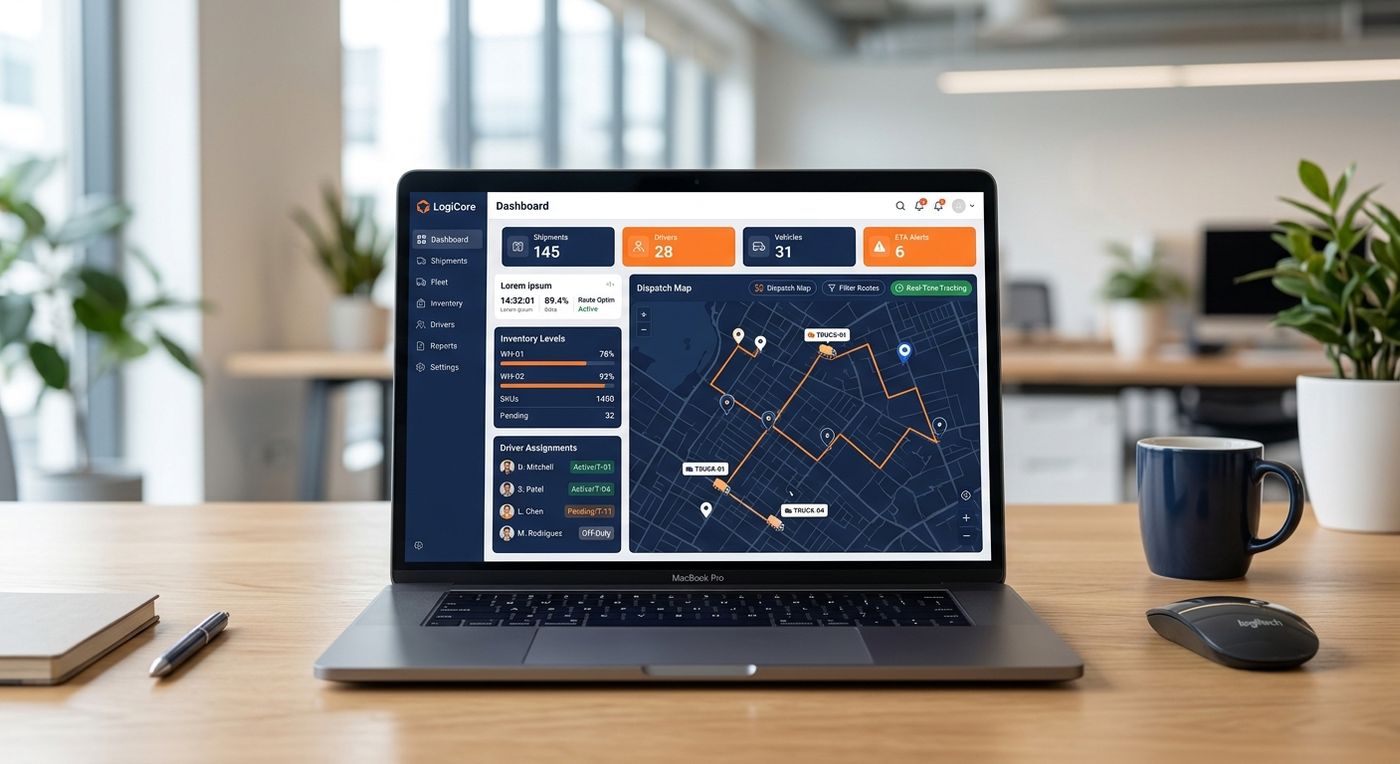 A professional SaaS dashboard mockup of the dispatch and inventory management system on a laptop.