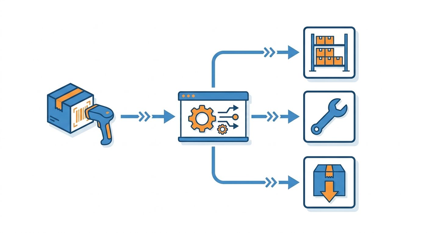 Technical flowchart illustrating the automated return sorting and routing workflow in a 3PL warehouse.