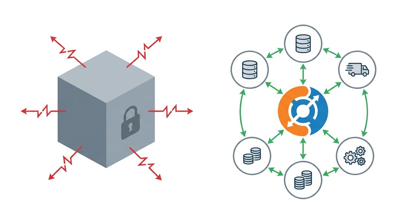 A technical diagram comparing a rigid monolithic legacy shipping system with a modern modular plugin-based ERP architecture.