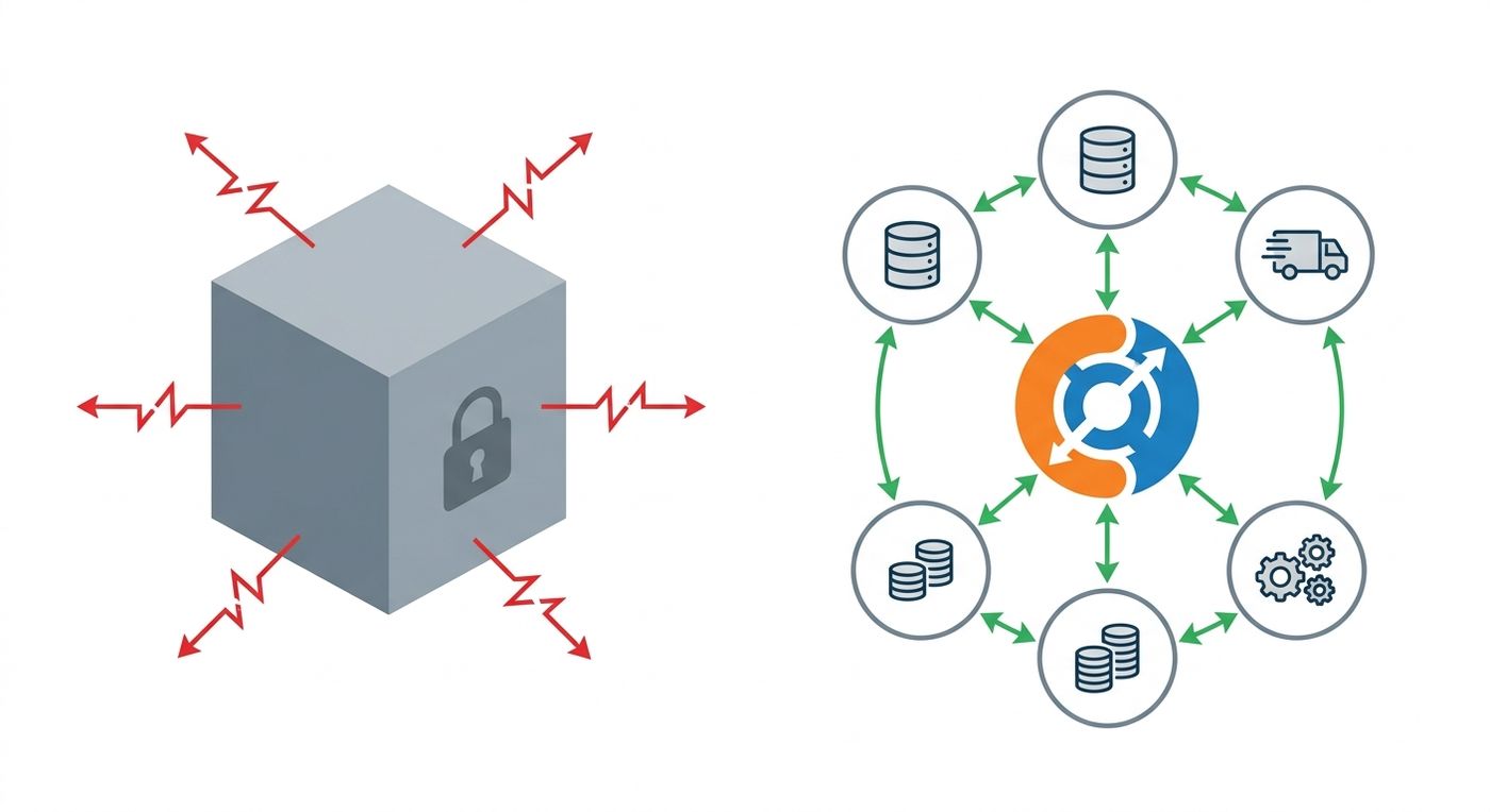 A technical diagram comparing a rigid monolithic legacy shipping system with a modern modular plugin-based ERP architecture.
