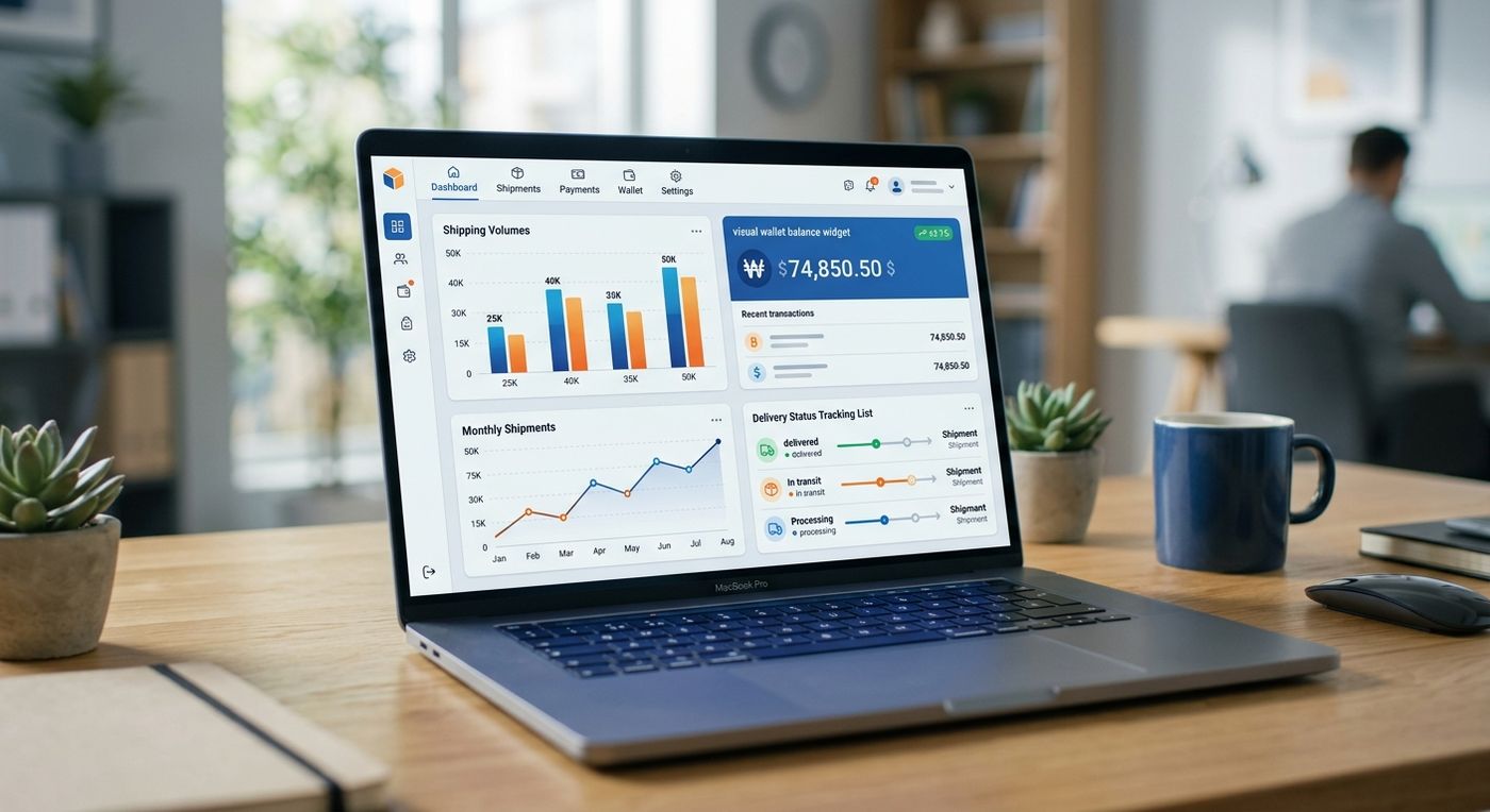 لوحة تحكم حديثة لبوابة التجار عبر نظام SaaS على جهاز كمبيوتر محمول، تعرض تتبع الشحنات ومؤشرات المحفظة المالية لشركات الشحن.