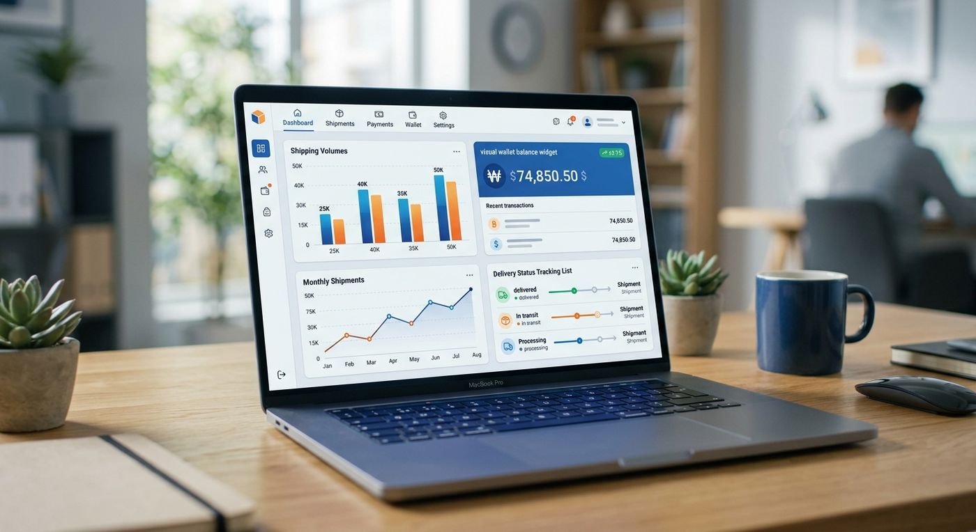 لوحة تحكم حديثة لبوابة التجار عبر نظام SaaS على جهاز كمبيوتر محمول، تعرض تتبع الشحنات ومؤشرات المحفظة المالية لشركات الشحن.