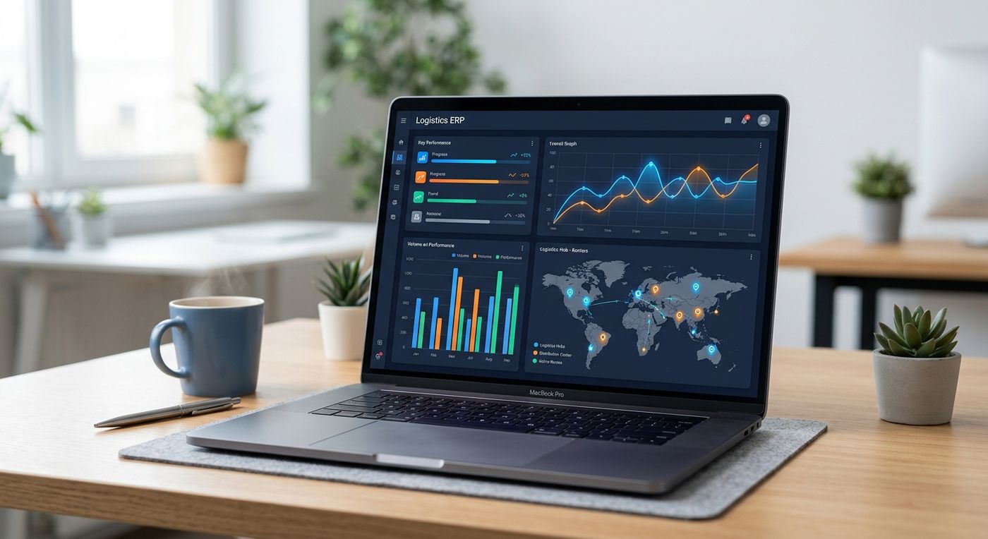 لوحة تحكم برنامج شحن ديسبركس لإدارة الخدمات اللوجستية للطرف الثالث 3PL على شاشة كمبيوتر محمول، تعرض تحليلات الأداء ومؤشرات القياس الفورية.