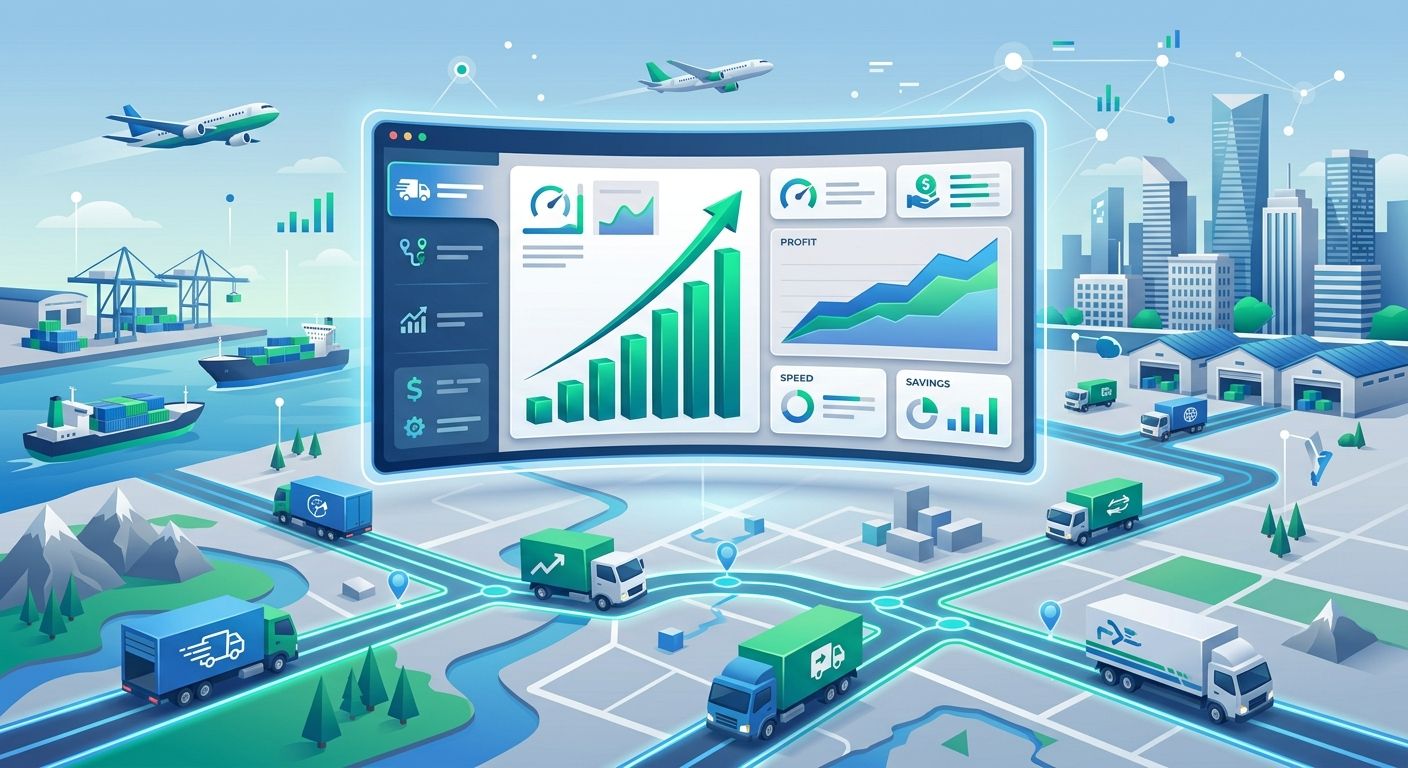 A modern vector illustration showing logistics optimization and rising profit charts for a shipping company.