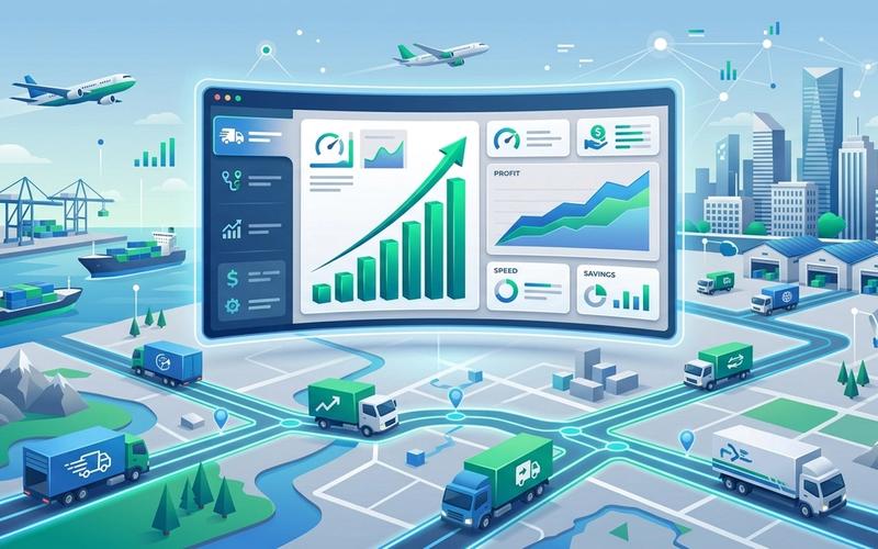 A modern vector illustration showing logistics optimization and rising profit charts for a shipping company.