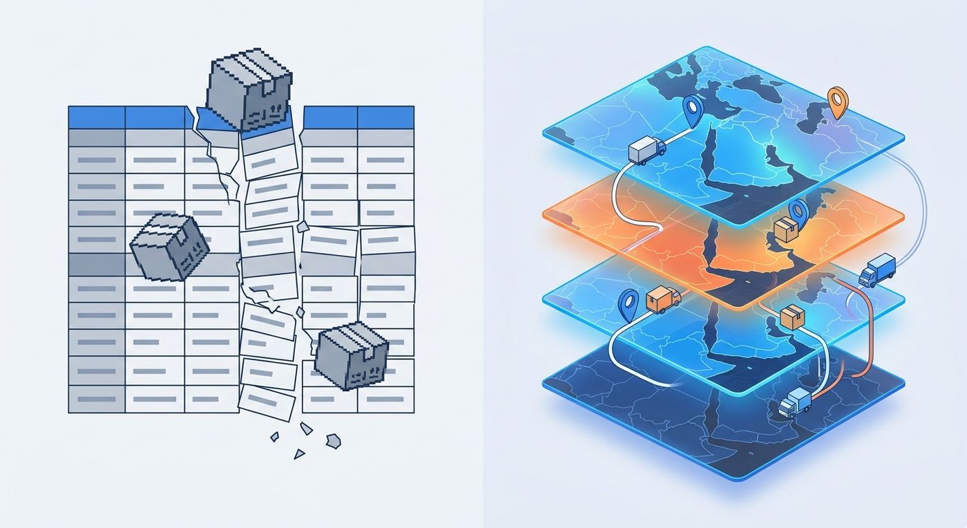 An editorial vector illustration contrasting a cracked, failing flat database grid with a modern, organized stack of multi-layered geographical map zones in blue and orange, representing efficient logistics pricing.