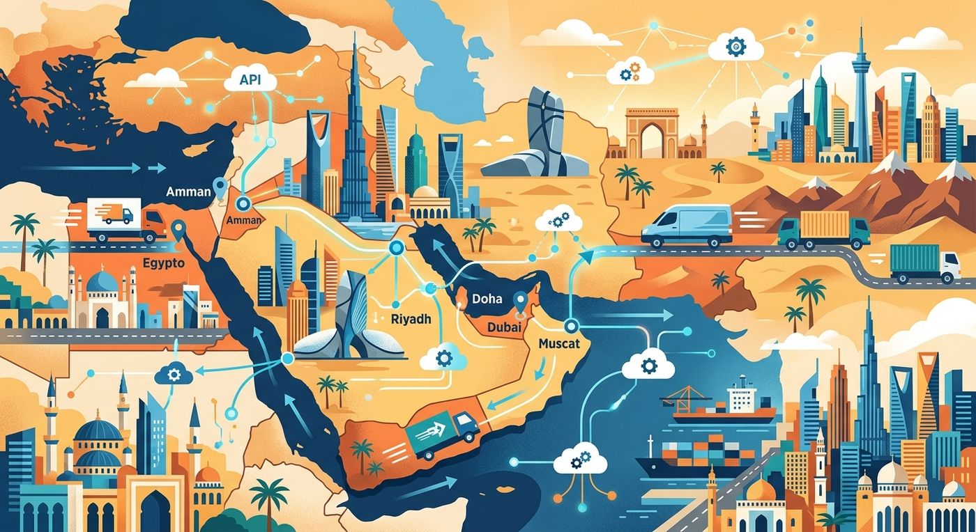 Flat vector illustration of cross-border logistics and fleet coordination across the MENA region, powered by integrated shipping APIs.
