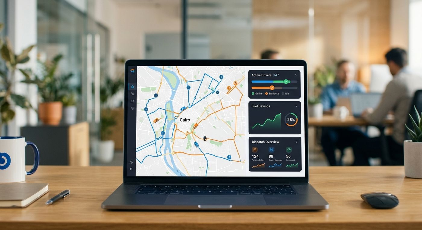 A laptop displaying the Shiprex last mile route optimization dashboard with a map of Cairo and real-time courier tracking.