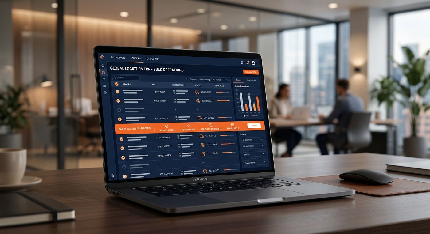 عرض متميز لواجهة مستخدم لوحة تحكم نظام ساس لإدارة العمليات اللوجستية على شاشة كمبيوتر محمول، يظهر واجهة الإجراءات الجماعية بنظام ألوان احترافي من الأزرق والبرتقالي.
