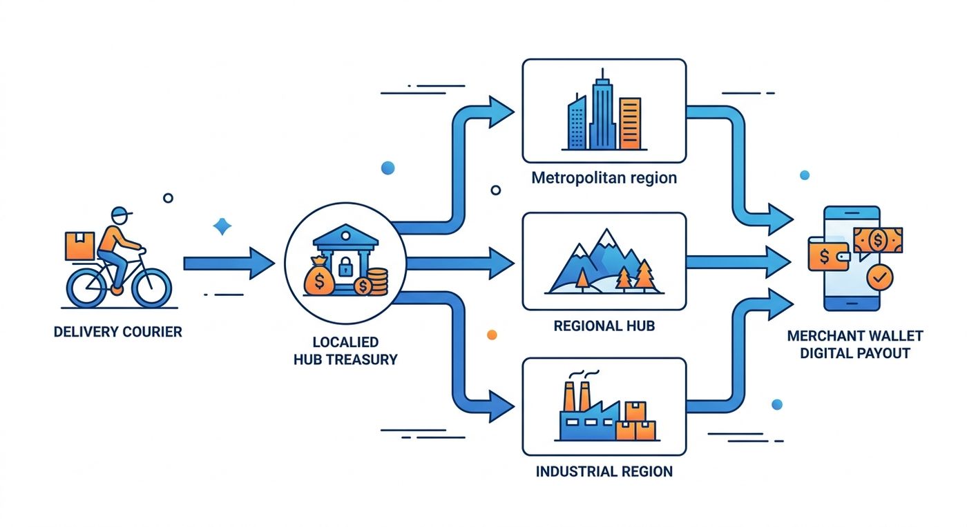 Technical diagram showing the step-by-step cash reconciliation and inter-branch settlement flow in a logistics ERP.