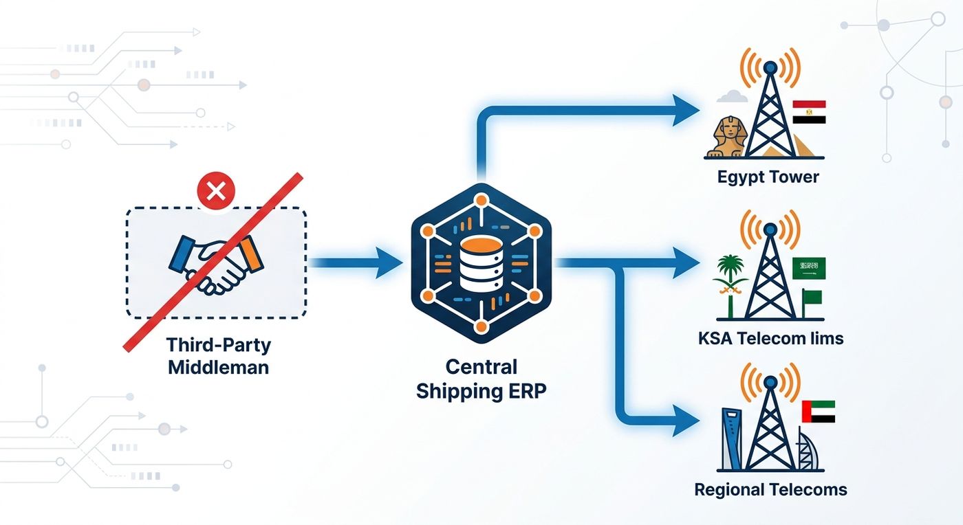 A technical diagram illustrating direct integration between a logistics ERP and local SMS gateways, bypassing third-party middlemen to reduce costs.