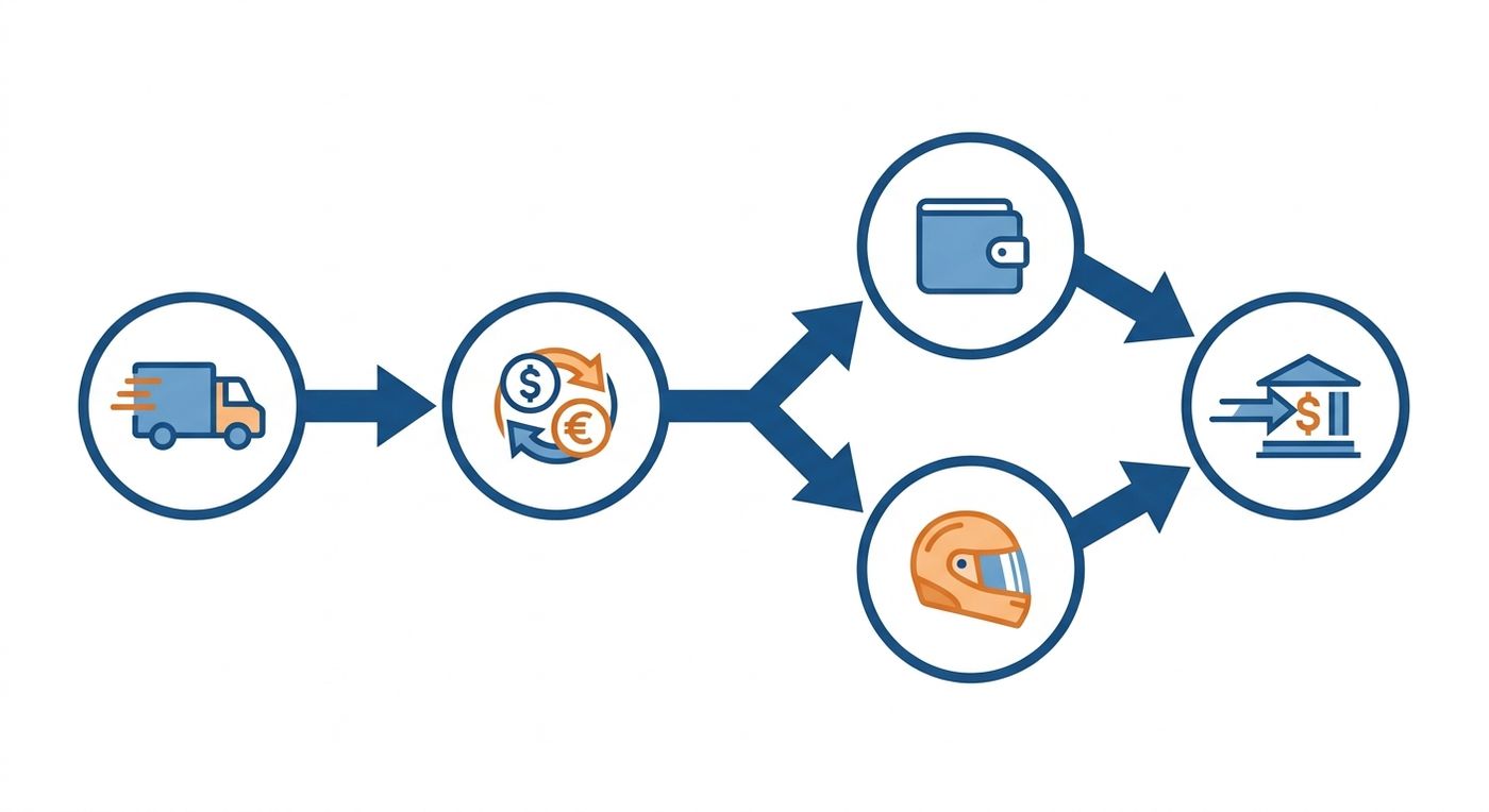 A technical flowchart diagram mapping the automated workflow from doorstep cash collection to multi-currency reconciliation and final driver payout.