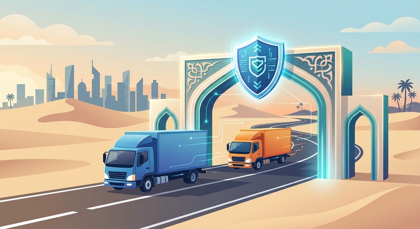 Flat vector illustration of shipping trucks moving seamlessly across borders with a digital shield symbolizing regional compliance and secure fleet management.