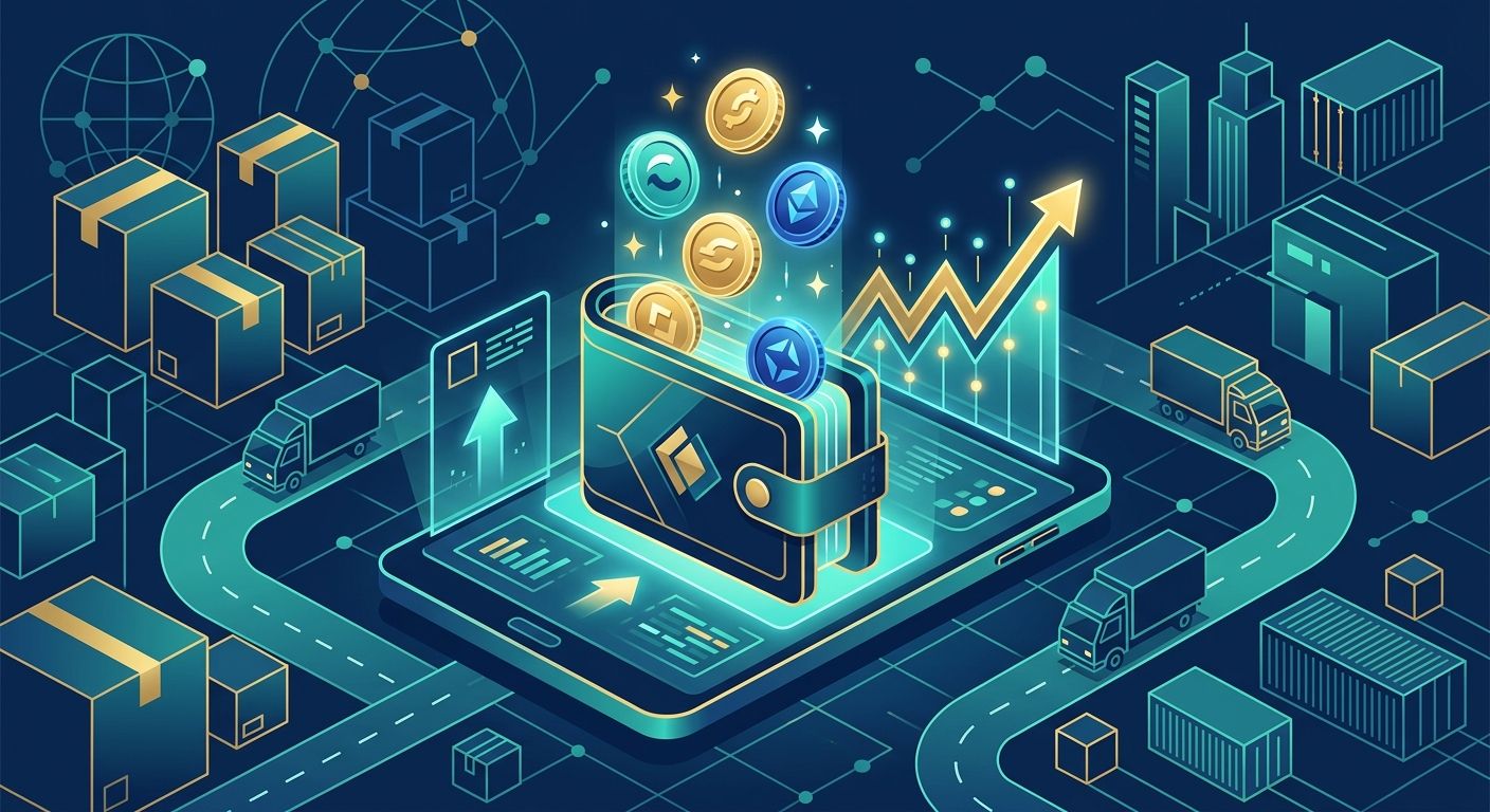 An editorial illustration of a digital merchant wallet system protecting logistics cash flow
