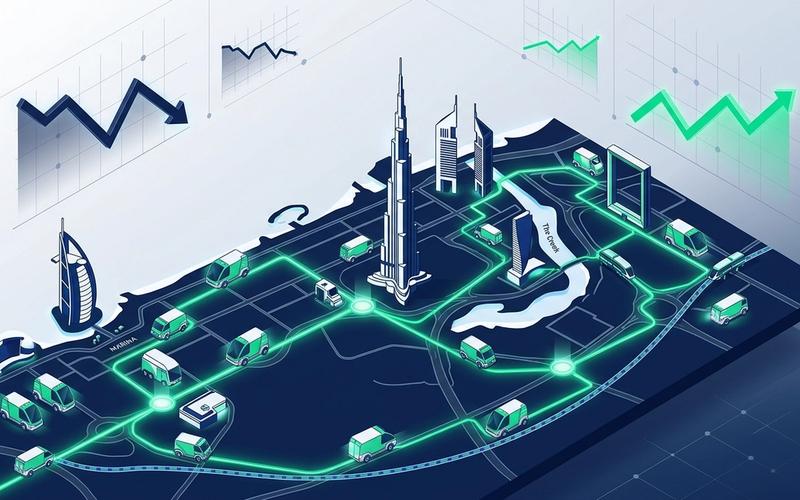 Isometric illustration of delivery route optimization and fuel cost reduction for UAE courier startups.