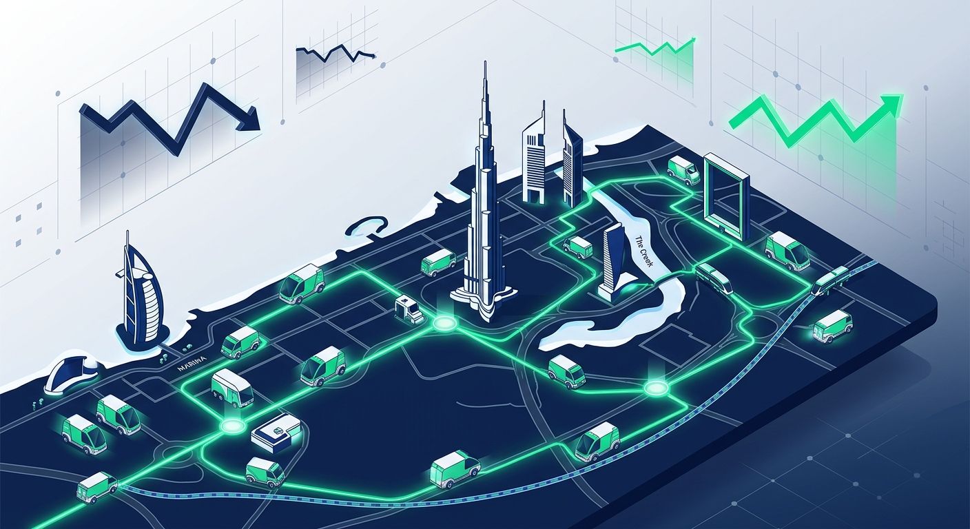 Isometric illustration of delivery route optimization and fuel cost reduction for UAE courier startups.
