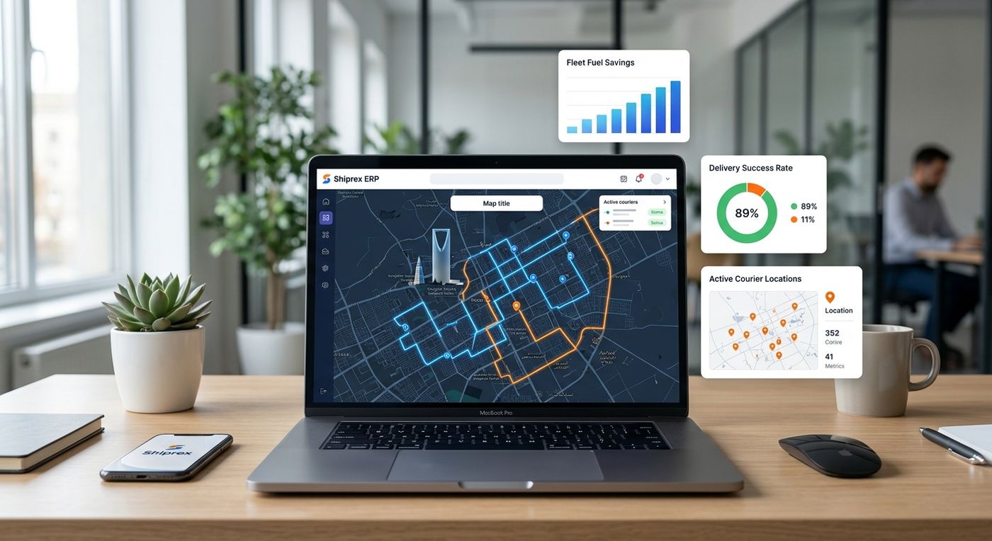 A laptop showing the Shiprex fleet management dashboard with optimized delivery routes in a MENA city and real-time fleet analytics.