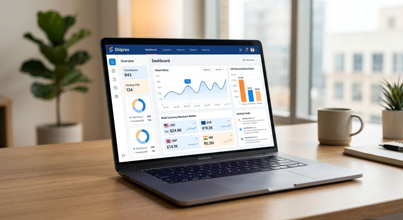 Shiprex ERP dashboard showing multi-currency returns management and COD reconciliation for GCC operations.