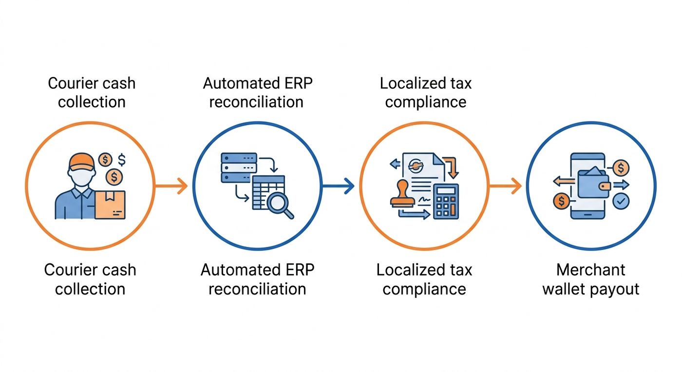 Technical diagram of a zero-leakage COD cash reconciliation workflow from driver collection to merchant payout.
