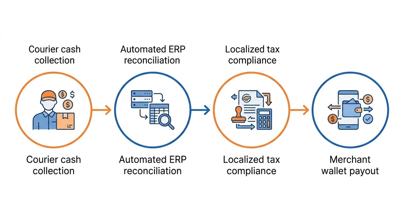 Technical diagram of a zero-leakage COD cash reconciliation workflow from driver collection to merchant payout.