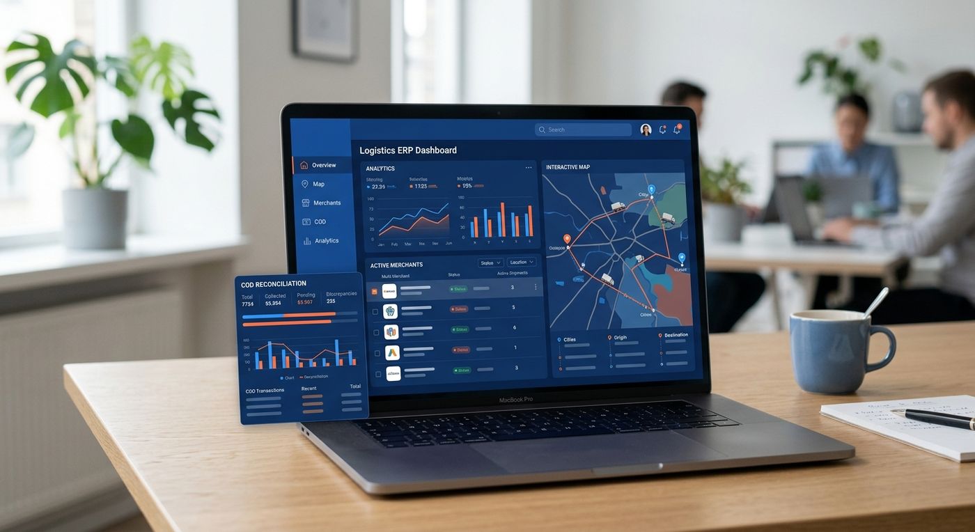 A professional SaaS product showcase of a multi-tenant shipping management dashboard displayed on a modern laptop.
