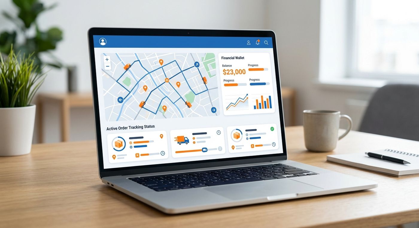 واجهة مستخدم برمجية أنيقة لبوابة التجار من شيب ريكس معروضة على شاشة كمبيوتر محمول، توضح خرائط التتبع وإحصاءات المحفظة المالية باللونين الأزرق والبرتقالي.