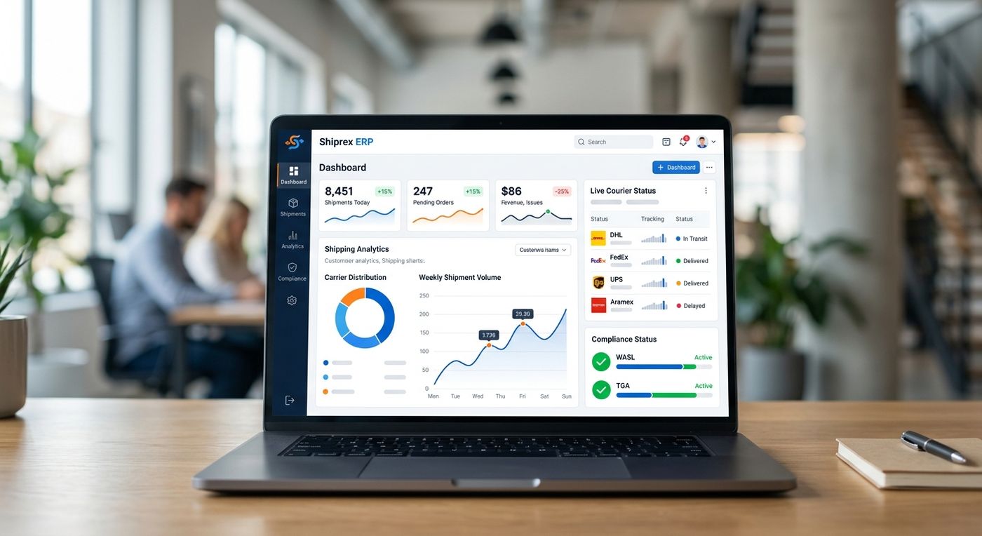 Shiprex ERP dashboard displayed on a laptop, highlighting WASL and TGA compliance status, driver tracking, and logistics analytics.