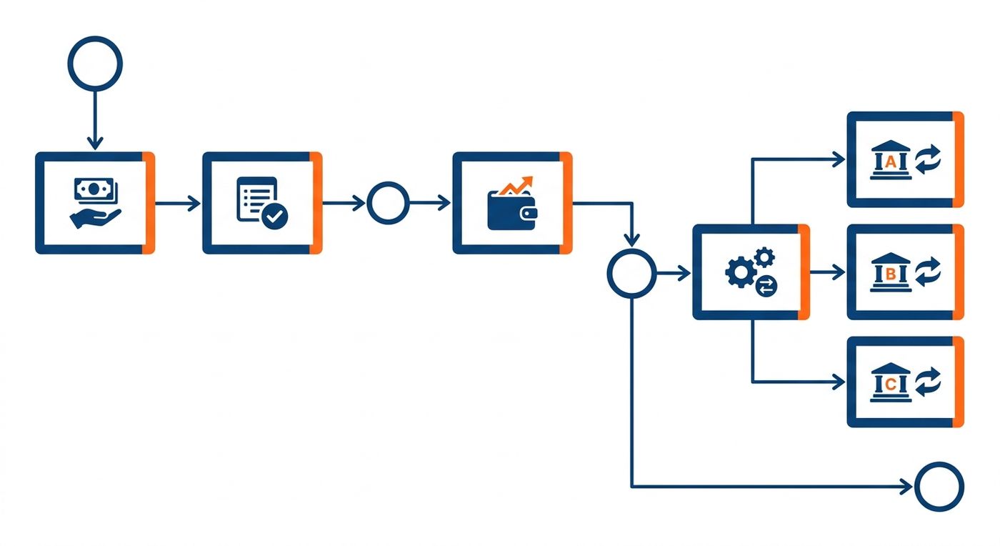 Technical diagram showing the automated workflow from cash collection to driver payout reconciliation.