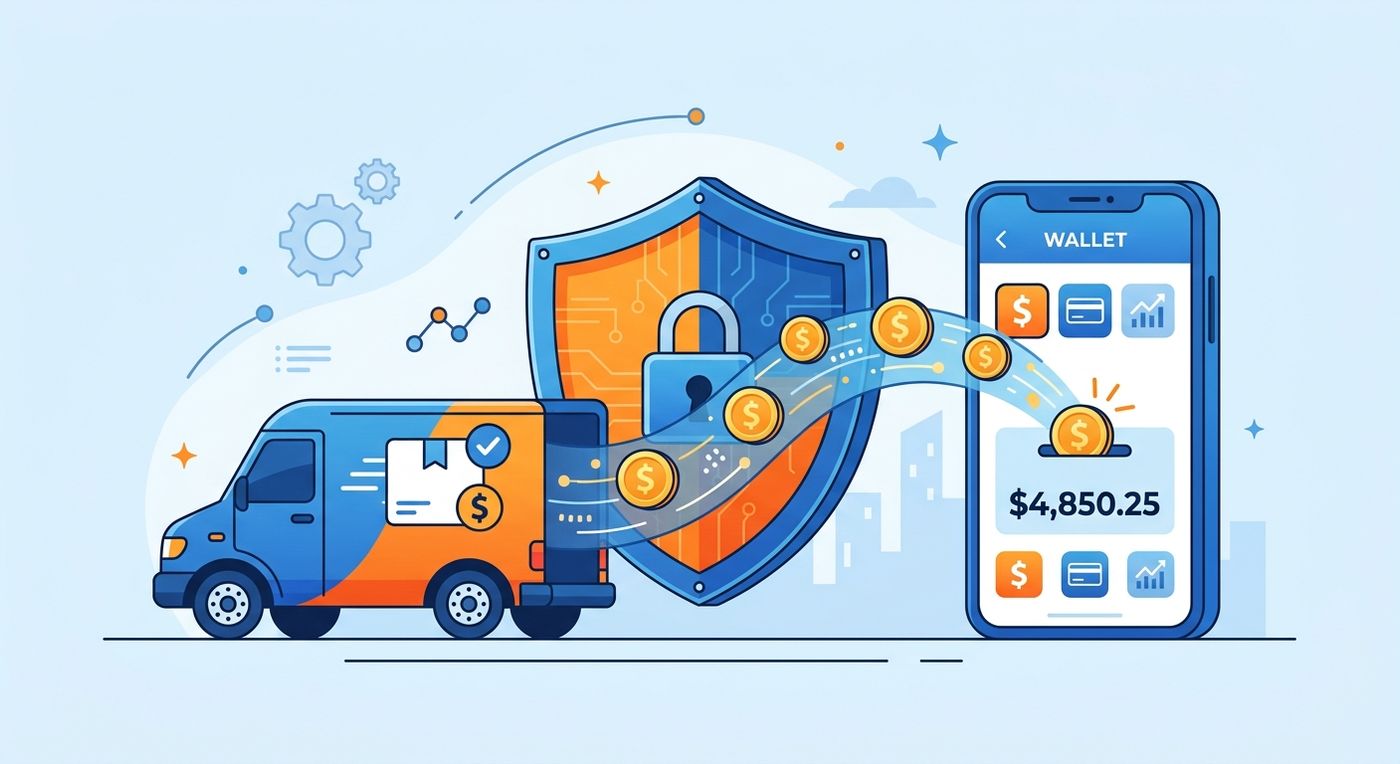 رسوم توضيحية مسطحة تمثل التسوية الآمنة لخدمة الدفع عند الاستلام ومحافظ التجار الرقمية للعمليات اللوجستية.