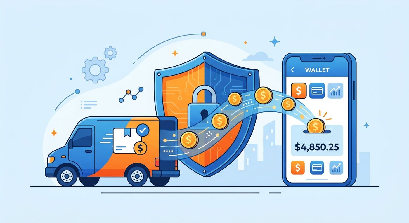 رسوم توضيحية مسطحة تمثل التسوية الآمنة لخدمة الدفع عند الاستلام ومحافظ التجار الرقمية للعمليات اللوجستية.