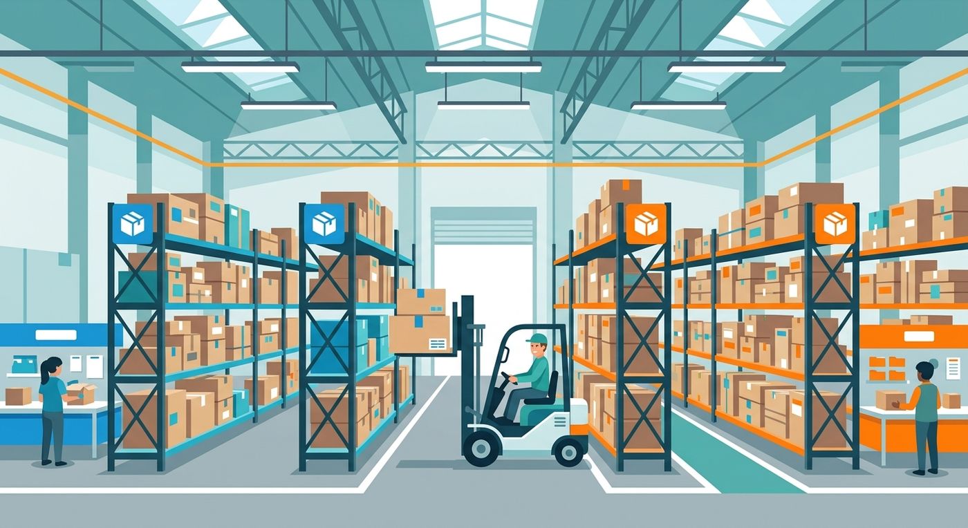 A flat vector illustration of an organized shared warehouse with clearly segregated merchant inventory zones.