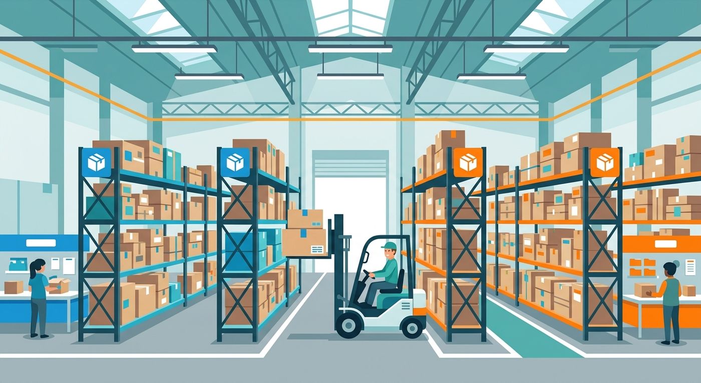 A flat vector illustration of an organized shared warehouse with clearly segregated merchant inventory zones.