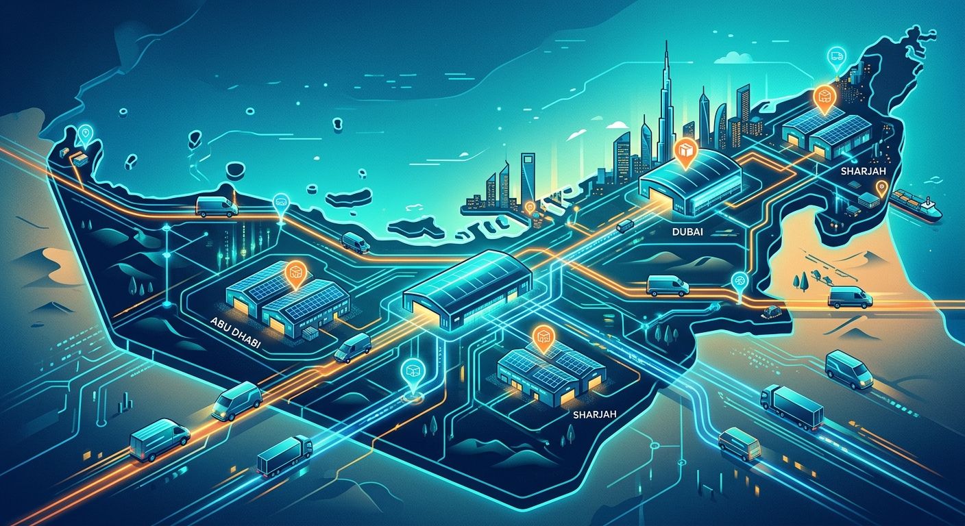 رسم توضيحي رقمي حديث لشبكة لوجستية متكاملة متعددة الفروع في الإمارات مع خطوط مضيئة تربط المستودعات الإقليمية.