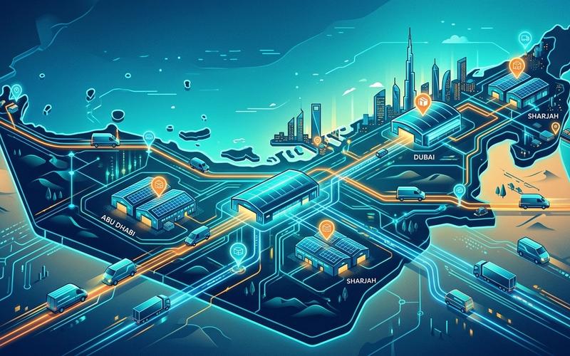 رسم توضيحي رقمي حديث لشبكة لوجستية متكاملة متعددة الفروع في الإمارات مع خطوط مضيئة تربط المستودعات الإقليمية.