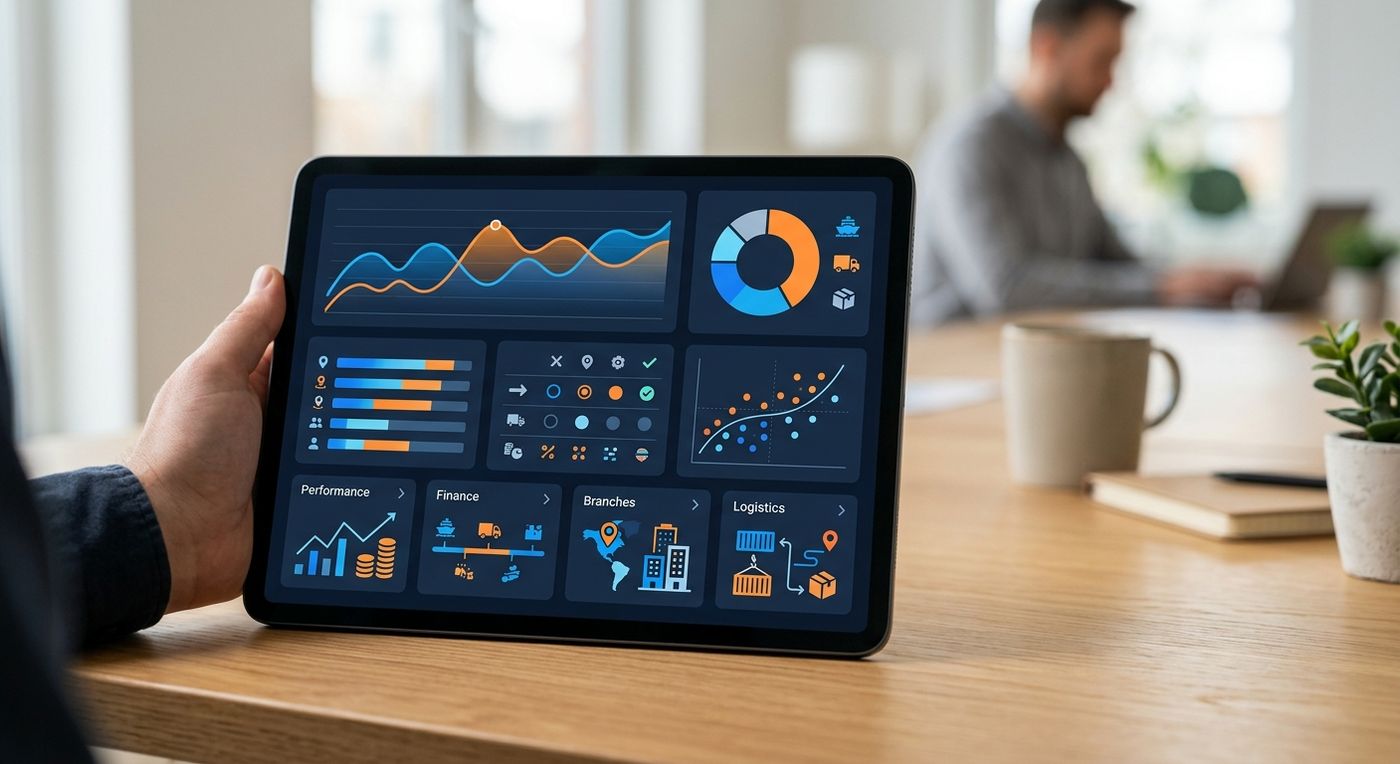 Shiprex multi-branch logistics ERP dashboard on a tablet, displaying shipping operations and branch performance metrics.