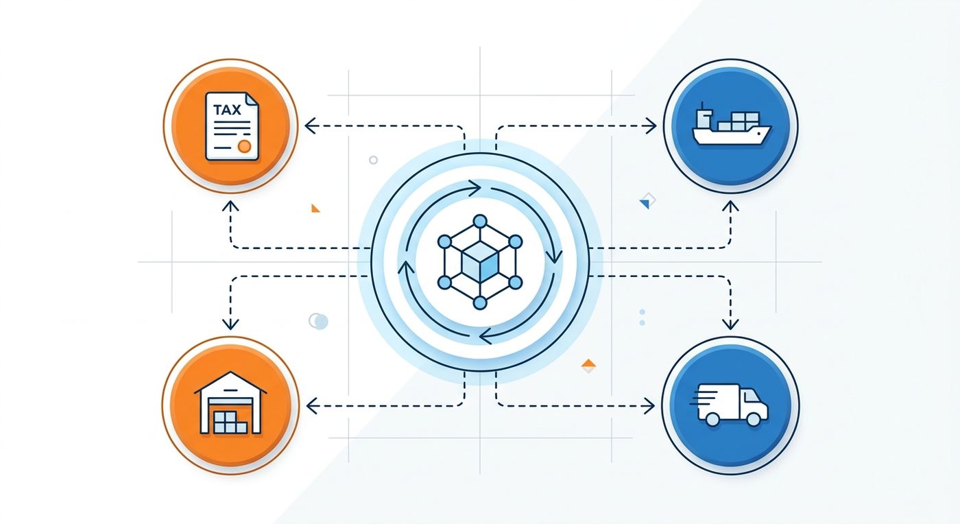 Technical integration diagram showing a central logistics ERP system connecting seamlessly to regional tax, customs, last-mile, and warehouse APIs.