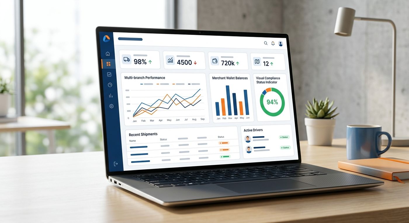 Product showcase of the Shiprex ERP dashboard on a laptop, displaying multi-branch logistics metrics and ZATCA compliance status.