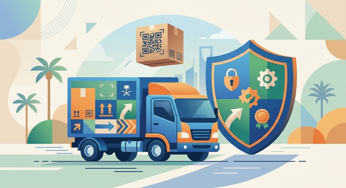Flat vector illustration depicting secure, compliant shipping and e-invoicing in Saudi Arabia with a delivery truck and a regulatory compliance shield.