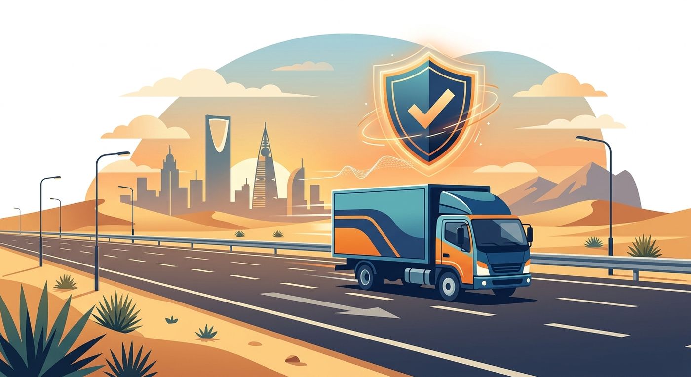 Flat vector illustration of a delivery truck in Saudi Arabia with a digital compliance shield, representing automated WASL and TGA integration.