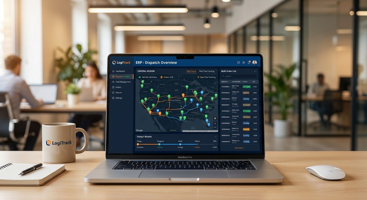Shiprex shipping ERP dashboard showing automated bulk dispatching and real-time last-mile fleet routing on a laptop screen.