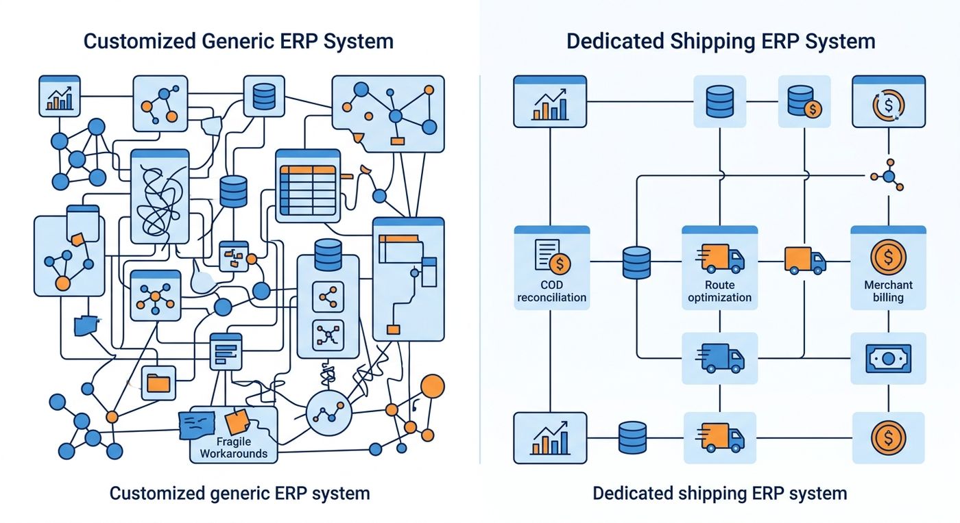 A technical diagram comparing the fragmented architecture of a customized generic ERP with the clean, streamlined, and integrated workflows of a dedicated shipping ERP.