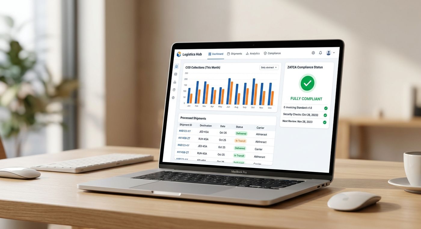 لوحة تحكم حديثة لنظام SaaS على كمبيوتر محمول تعرض عمليات الخدمات اللوجستية وحالة الالتزام بالفواتير الإلكترونية لهيئة الزكاة والضريبة والجمارك ZATCA.