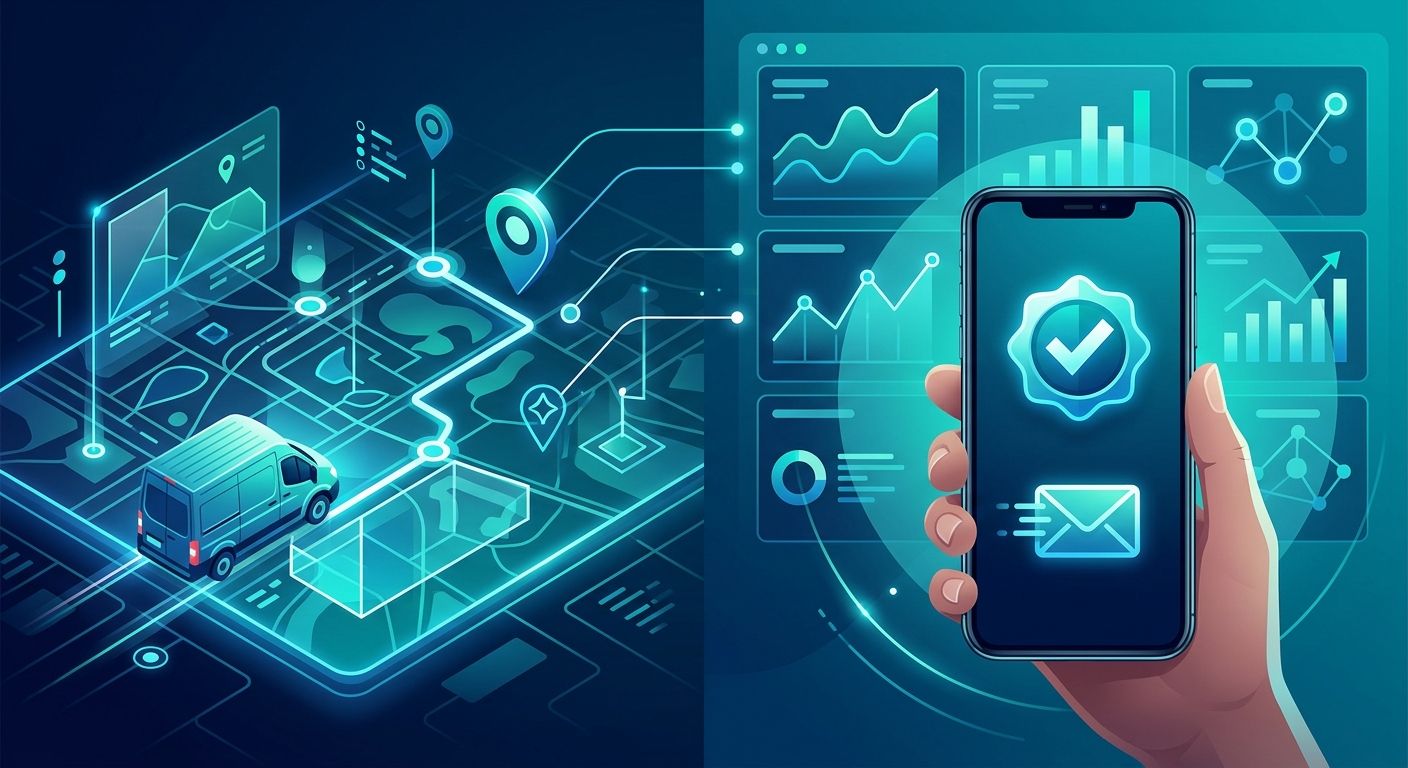 Illustration of a digital fleet management dashboard with GPS tracking geofences and SMS verification secure delivery flow.
