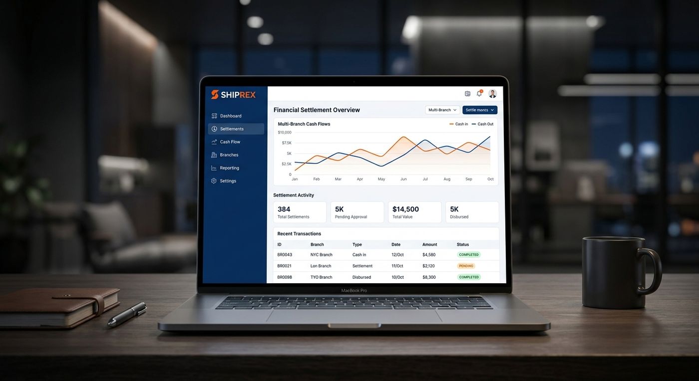 Modern SaaS dashboard mockup showing multi-branch cash balances and real-time courier reconciliation metrics on a laptop.