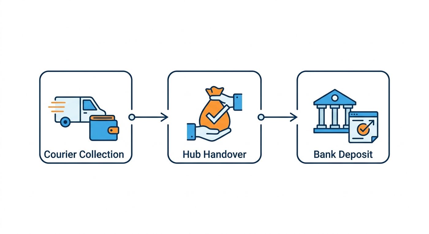 Technical flowchart diagram illustrating the secure chain of custody and cash audit trail from courier collection to hub handover and bank deposit.